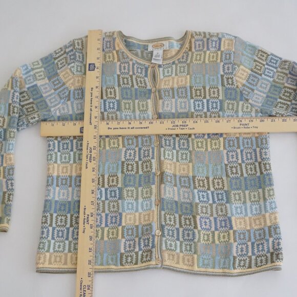 Talbots Blue Green Patchwork Checkered Button Knit Cardigan Cottagecore M - Picture 3 of 9